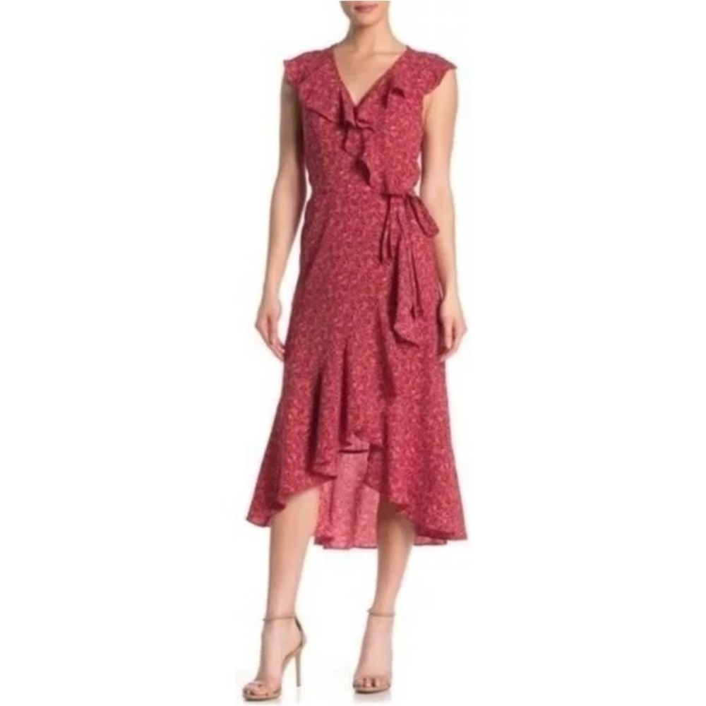 Max Studio Red Ruffle Crepe High Low Wrap Floral Midi Dress XS NWOT